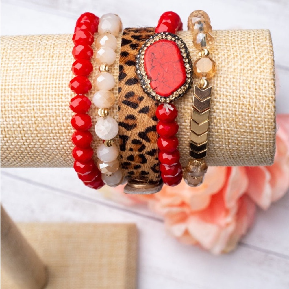 Whine and dine leopard and red five strand bracelet set